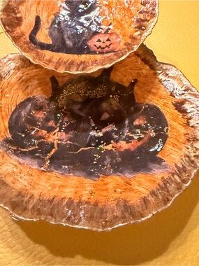 Handcrafted Halloween Shell Tray with Black Cat & Pumpkin Art - Orange & Black